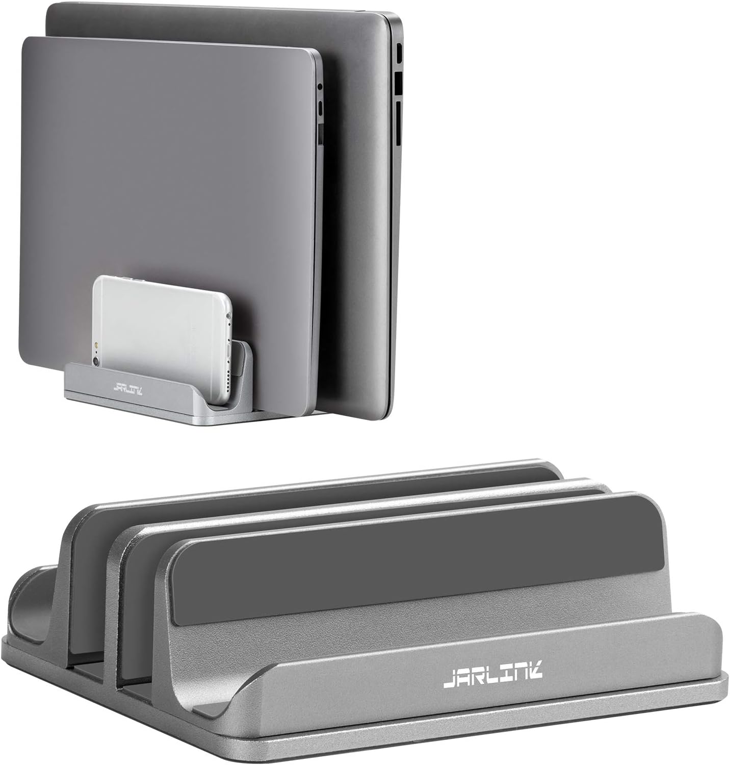 JARLINK 4-in-1 Adjustable Vertical Laptop Stand Holder, Aluminum Dual Slots Laptop Rack for Desk, Space-Saving Organizer Compatible with All MacBook, Surface, Chromebook, and Gaming Laptops (Silver)
