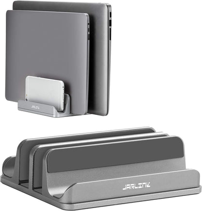 JARLINK 4-in-1 Adjustable Vertical Laptop Stand Holder, Aluminum Dual Slots Laptop Rack for Desk, Space-Saving Organizer Compatible with All MacBook, Surface, Chromebook, and Gaming Laptops (Silver)