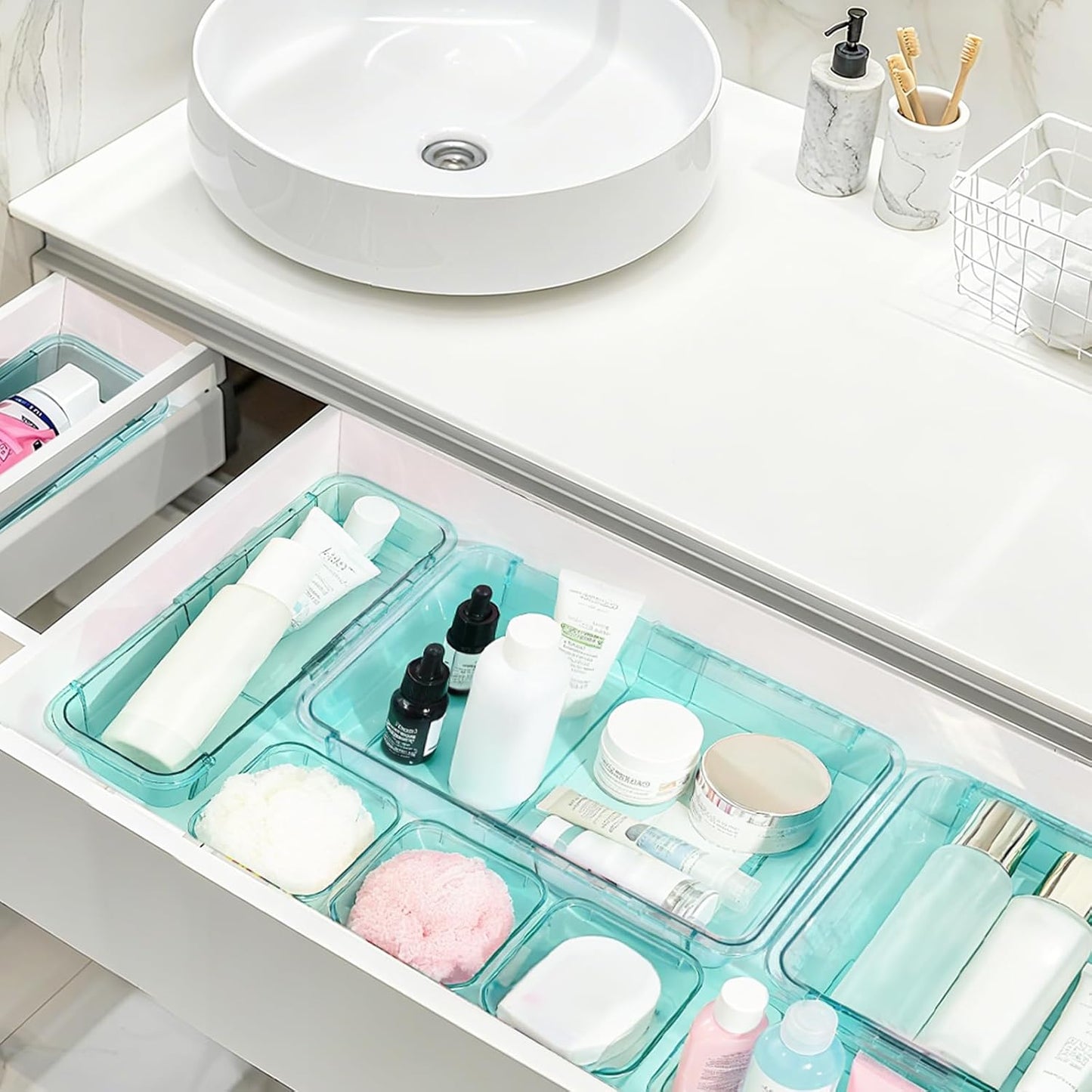 14 Pcs Adjustable Clear Drawer Organizer, Extendable Vanity Storage Bins, Desk Drawer Organizer Set for Makeup, Cosmetics, Bedroom, and Gadgets, Purple