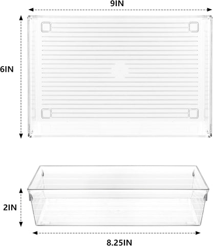 4 Pack 12"x 6" Large Size Clear Plastic Desk Drawer Organizer Tray Bathroom Office Kitchen Utensils Silverware Gadgets Dividers Desk Drawer Storage Bins Container for Dresser Cosmetic Makeup
