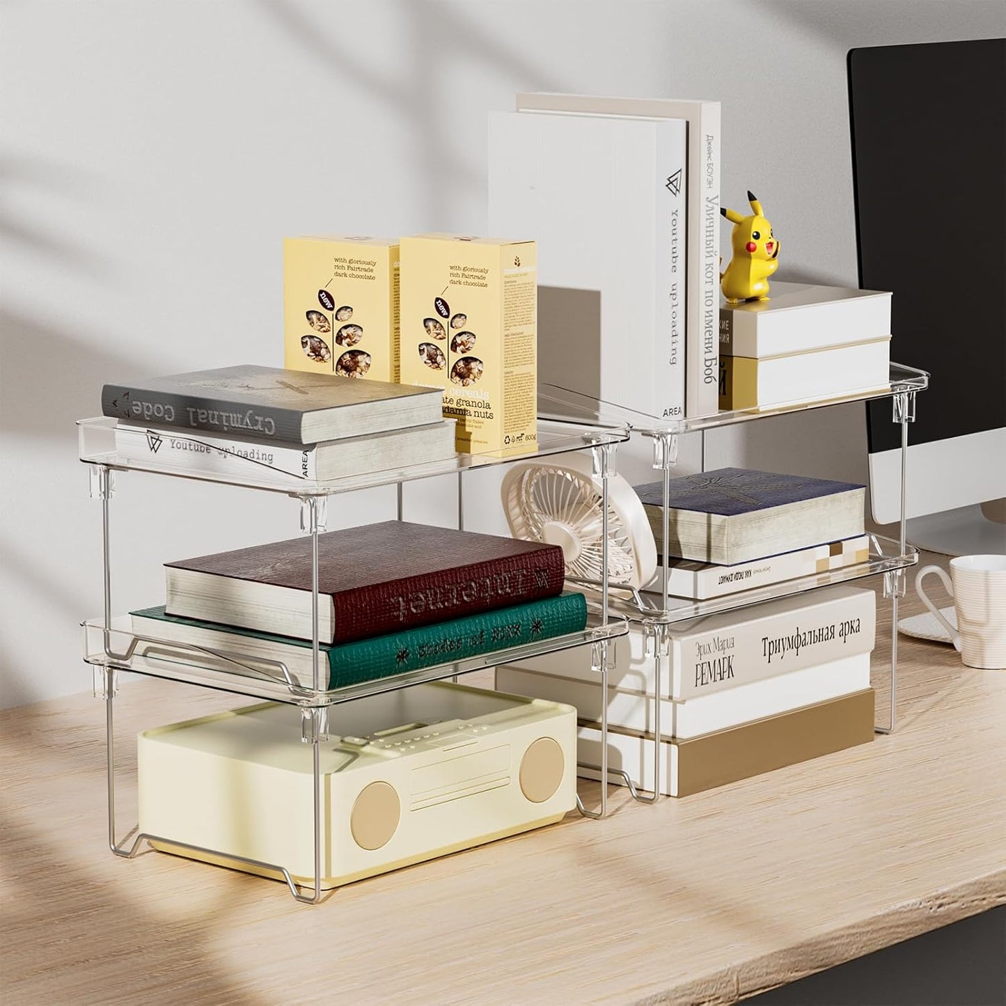 STARLATTA 2 Pcs Cabinet Organizer Shelf, Stackable Kitchen Counter Shelves, Spice Rack,Countertop Organizers, Clear Plastic Storage Shelves Rack for Makeup,Bathroom,Cupboard,Desk,Pantry Organization