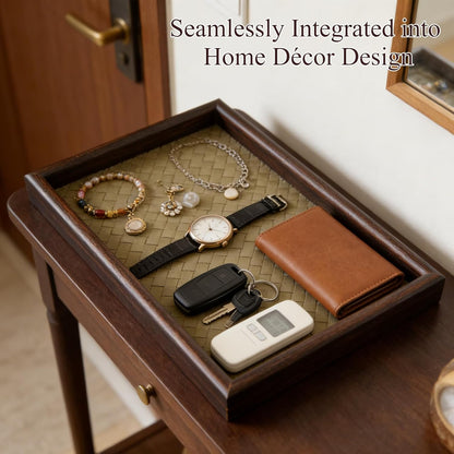 11.8x7.9 Desk Organizer Tray Wooden Storage with Leather Base, Versatile Tray Table for Nightstand Entryway Vanity Desktop(Black+Green)