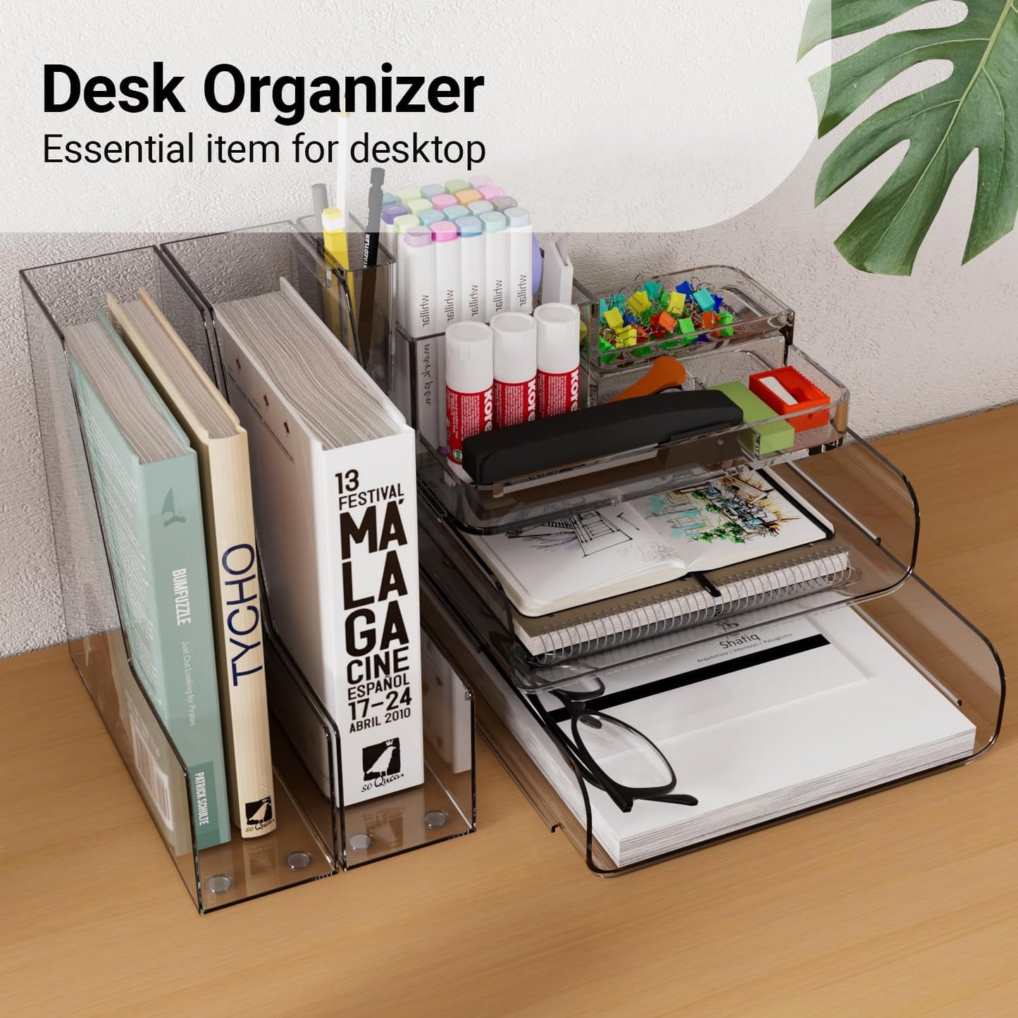 Clear Desk Organizer Set – 6-Piece Desktop Organizer with File Tray, Small Tray, Desk Organizer, Pencil Holder & 2 Magazine Holders – Plastic Office Supply Organizer for Home, School & Office