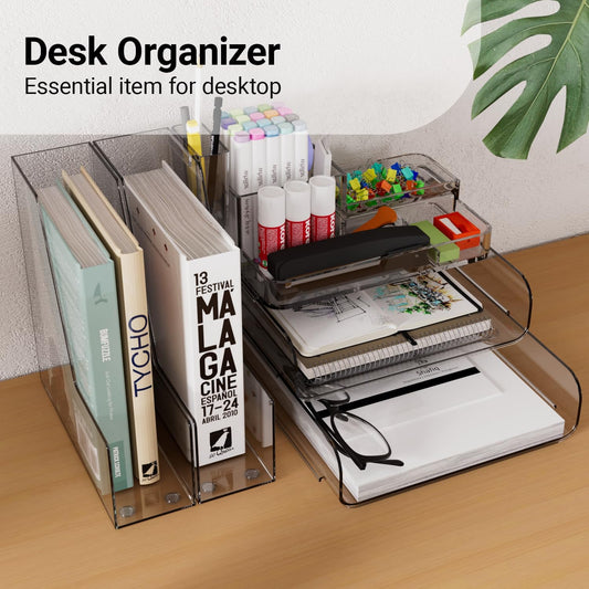 Clear Desk Organizer Set – 6-Piece Desktop Organizer with File Tray, Small Tray, Desk Organizer, Pencil Holder & 2 Magazine Holders – Plastic Office Supply Organizer for Home, School & Office