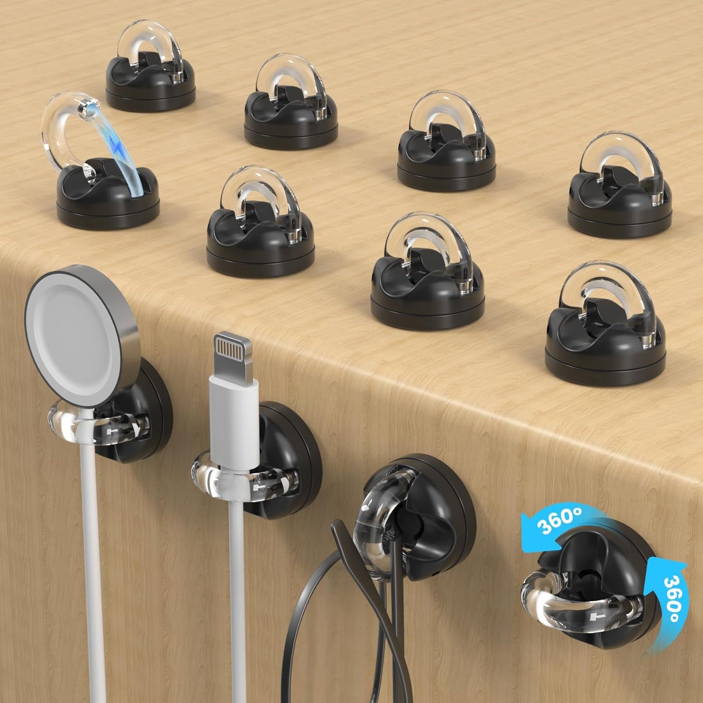 Rotatable Magnetic Cable Clips, Smooth Adjustable Cord Holder, Under Desk Cable Management, Adhesive Charging Wire Holder Keeper Organizer for Office Nightstand Wall (6-Pack Purple-Orange-Cyan)
