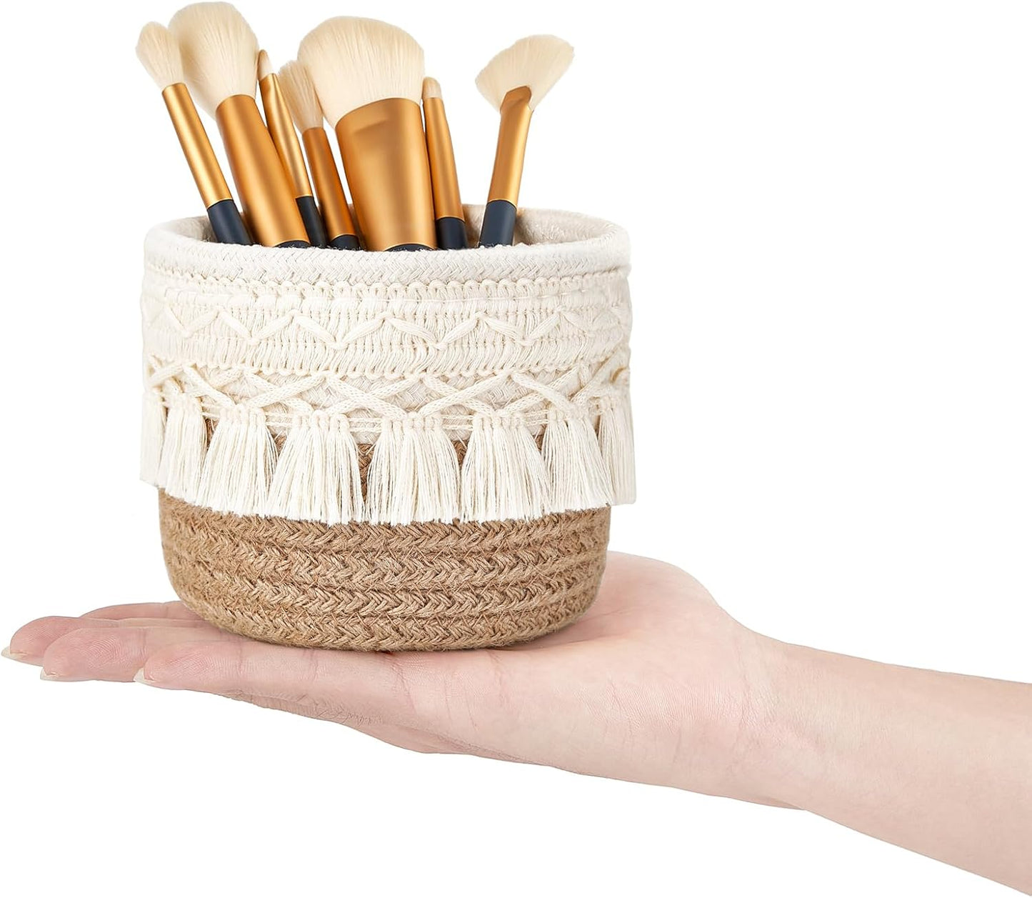 Mkono Macrame Makeup Brush Holder Organizer Comb Brushes Mini Storage Basket Set of 2 Boho Decor Baskets for Pen Pencil Box Container ,Ivory