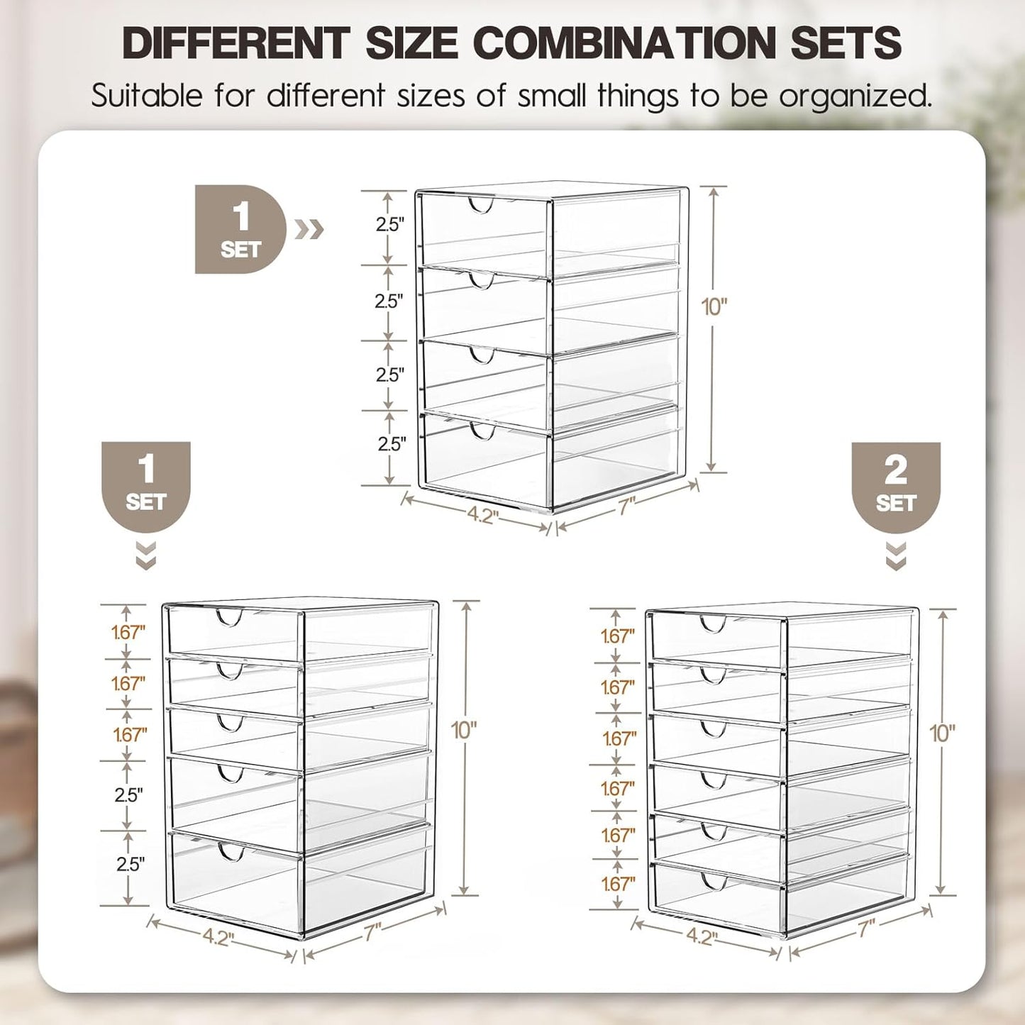 AMALEKO Acrylic Drawer Organizers - 21 Drawers 4 Set - Clear Storage Drawers for Office Supplies - Stackable Makeup Organizer - Dustproof Desk Organizers for Makeup, Jewelry, Pen, Stationary