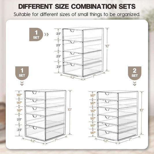 AMALEKO Acrylic Drawer Organizers - 21 Drawers 4 Set - Clear Storage Drawers for Office Supplies - Stackable Makeup Organizer - Dustproof Desk Organizers for Makeup, Jewelry, Pen, Stationary