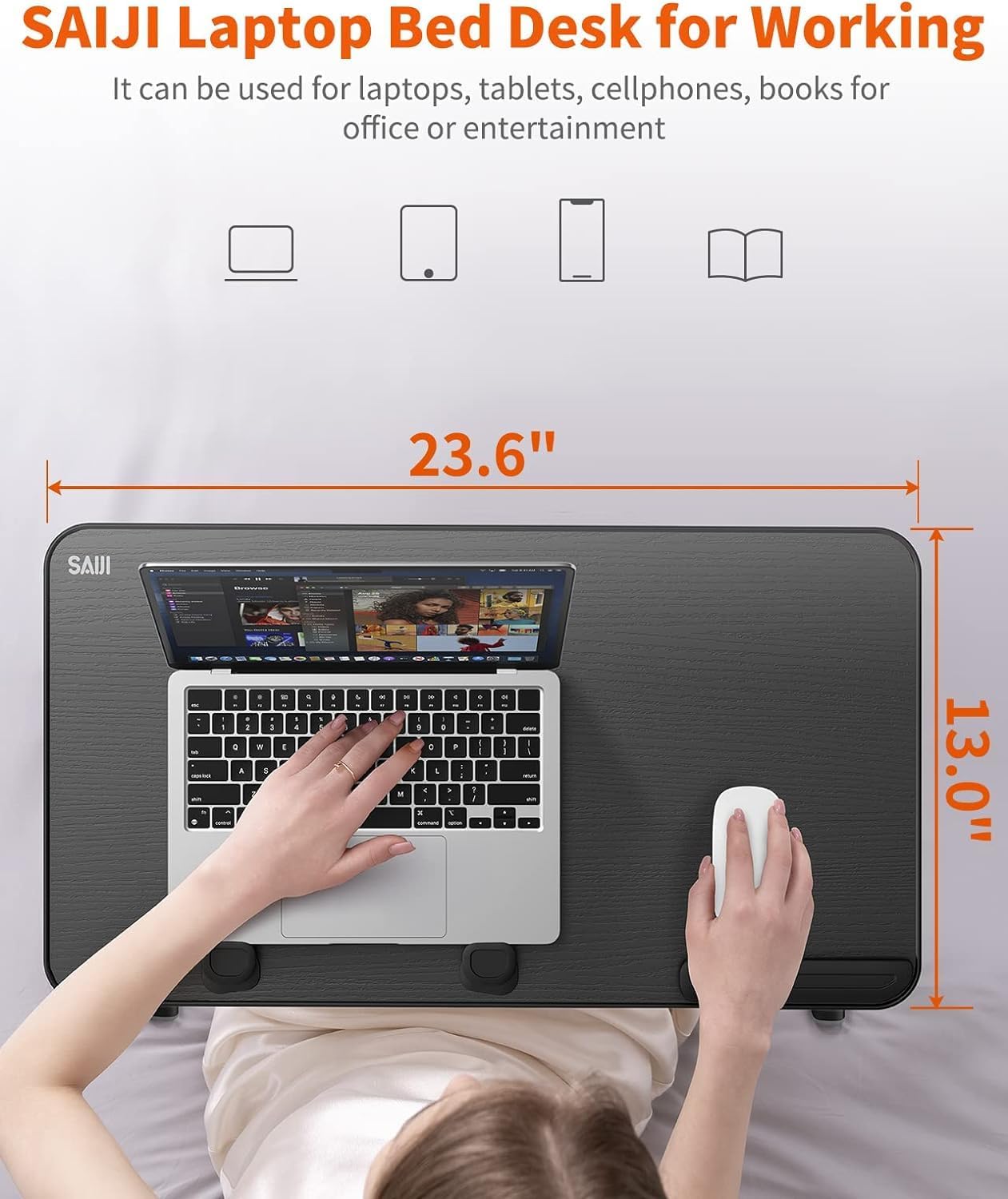 SAIJI Height & Angle Adjustable Laptop Stand for Bed, Lap Desk Bed Tray Table, Light Weight Foldable Portable Laptop Table for Couch Sofa Chair Floor Desk for Adults, Kids (52*30cm Black)