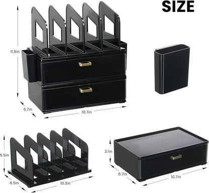 LALOBLUE Acrylic Desk Organizer with Drawer and Vertical File Holder, Desk Organizers and Accessories, Multi-Functional Office Supplies Organizer for Home or Work Desk, White