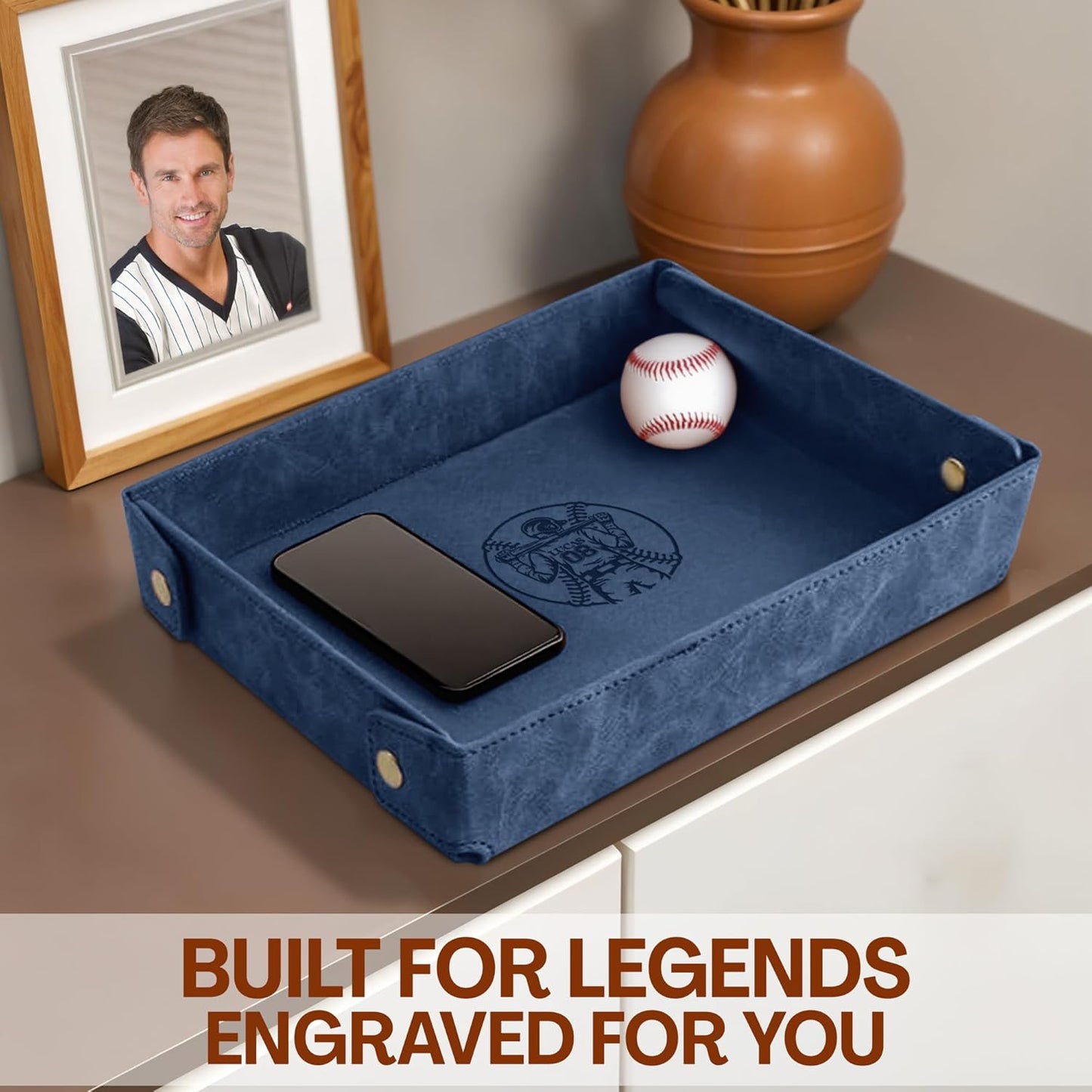 Engraved Leather Valet Tray for Men – Personalized Catchall with Custom Name for Desk, Dresser, Nightstand – Men's Organizer Tray for Keys, Wallet, Jewelry, Personalized Gift for Home, Office - Coffee