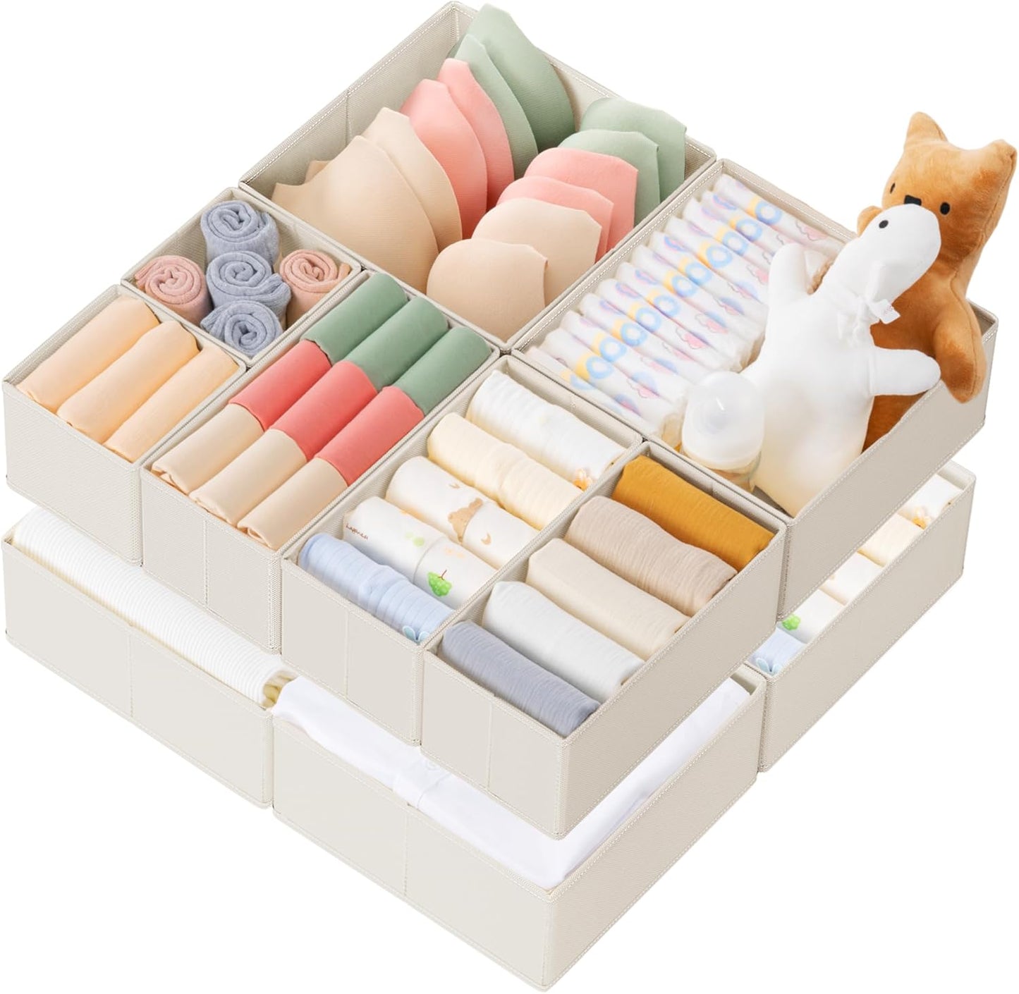 Criusia Drawer Organizer Clothes, 10 Pack Dresser Organizer for Baby Clothes, Underwear, Sock- Foldable Closet Organization and Storage Dividers Bins for Nursery, Bedroom (Beige)