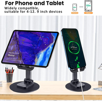 Cell Phone Stand, Adjustable Phone Holder 360° Rotation Fully Foldable Desktop Dock Compatible with iPhone 16 15 14 13 Pro Max Android Smartphone E-Reader Tablets (Black)