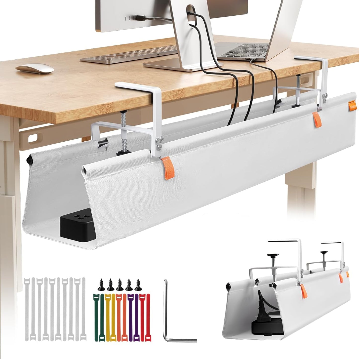 Under Desk Cable Management Tray with Clamp, No Drill 36" Cord Organizer for Desk, Desk Cable Management Fabric Tray for Standing Desks, Ideal for Home & Office - White