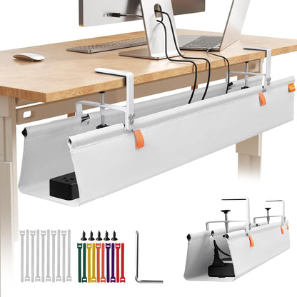 Under Desk Cable Management Tray with Clamp, No Drill 36" Cord Organizer for Desk, Desk Cable Management Fabric Tray for Standing Desks, Ideal for Home & Office - White