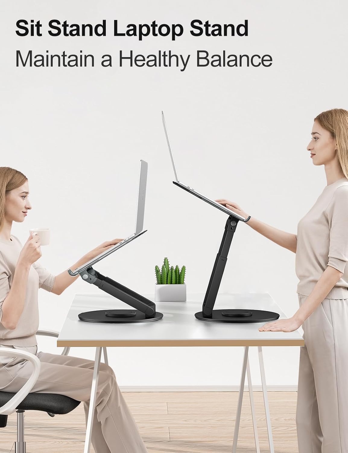tounee Telescopic Laptop Stand for Desk with 360° Swivel Base, Sit to Stand, Height Adjustable, Portable Riser Holder for Good Posture, Compatible with MacBook Pro, All Laptops 10-17"-Gray
