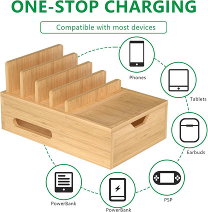 Bamboo Charging Station for Multiple Devices, Desk Charging Organizer with Drawer & Tray, Wood Docking Station Included 6 Cables, Compatible with iPhone Devices, Cell Phone, Tablet (No USB Charger)