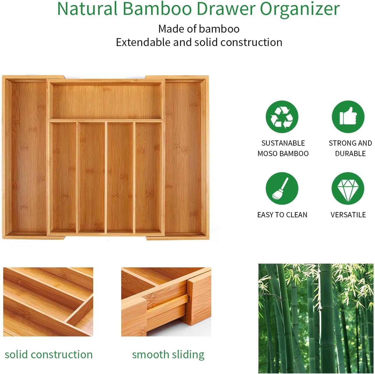 Utoplike Bamboo Expandable Kitchen Drawer Organizer, Adjustable Utensil Holder and Cutlery Tray Organiser, Drawer Divider for Silverware, Flatware, Knives in Kitchen, Bedroom, Living Room, 5 Slot
