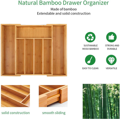 Utoplike Bamboo Expandable Kitchen Drawer Organizer, Adjustable Utensil Holder and Cutlery Tray Organiser, Drawer Divider for Silverware, Flatware, Knives in Kitchen, Bedroom, Living Room, 5 Slot