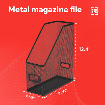 TRU RED Metal Magazine File Organizer, Black – Top‑Loading Desktop File Holder with Handle, Holds Up to 1000 Sheets