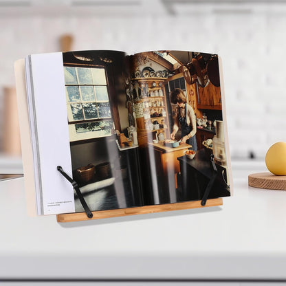 MEGREZ Bamboo Book Stand (13.2 x 9.4 inch) for Reading, Kitchen Cookbook Holder, Adjustable for Tablet/Textbook, Hollow Bookrest, Panda