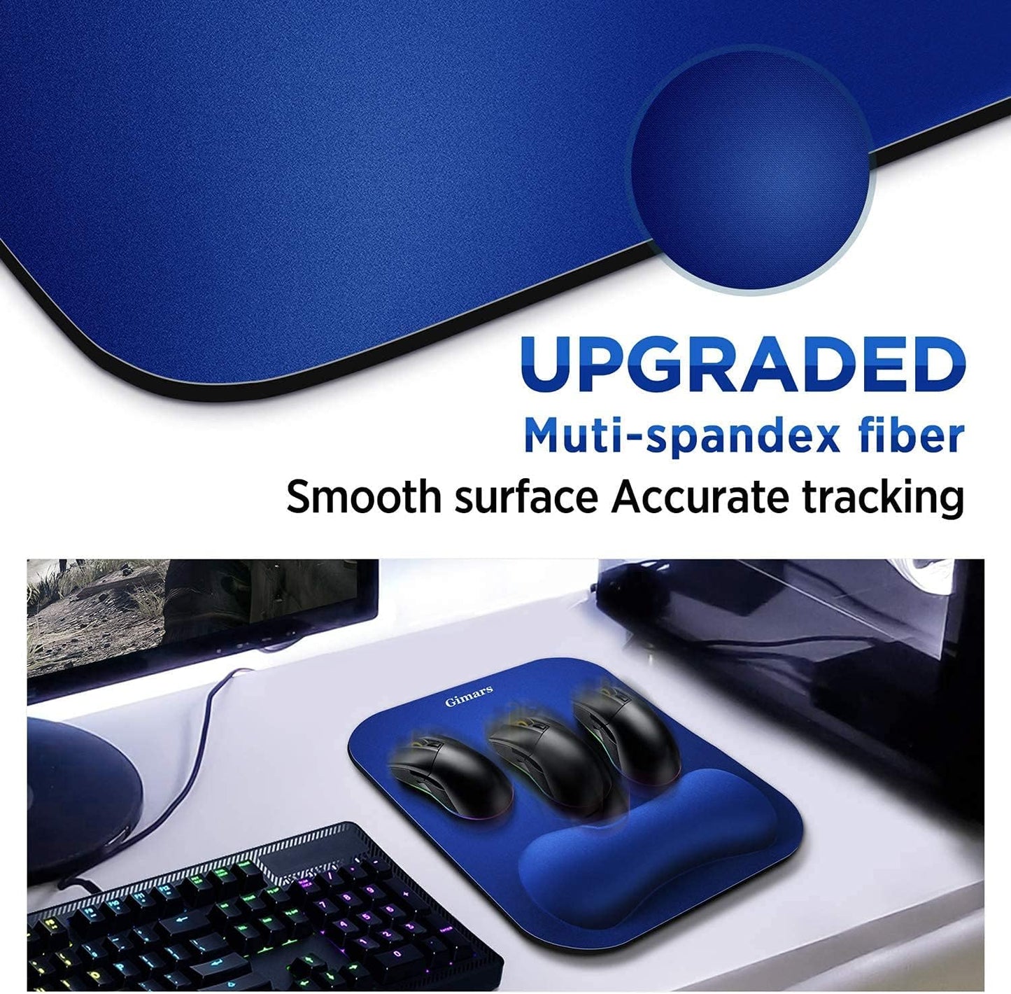 Gimars Elongate Smooth Lycra Fabric Ergonomic Mouse Pad Wrist Support, Gel Memory Foam Cushion Set Keyboard Wrist Rest Support, Pain Relieve for Computer, Laptop, Office, School, Home, Gaming, Black