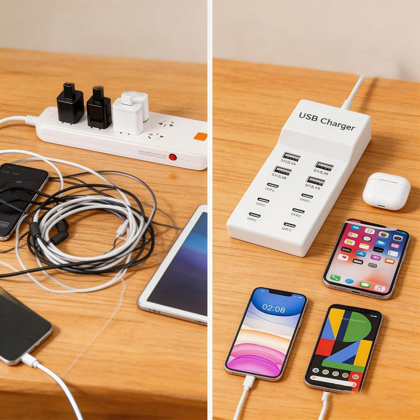 Desk USB Charger, 10 Port USB Charging Station, USB Wall Charger Station with USB-A, Organizer Charging Dock, Charger Power Adapter for Multiple Devices(US Plug)