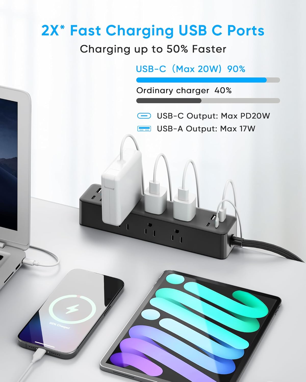 Flat Plug Desk Clamp Power Strip 10FT, 40W Total Fast Charging Station, Dual PD 20W USB C Ports, Desk Edge Mount Power Strip 9 AC Outlets 8 USB Ports(4 USB C) Surge Protector, Fit 1.7" Tabletop Edge