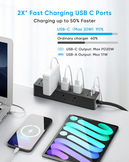 Flat Plug Desk Clamp Power Strip 10FT, 40W Total Fast Charging Station, Dual PD 20W USB C Ports, Desk Edge Mount Power Strip 9 AC Outlets 8 USB Ports(4 USB C) Surge Protector, Fit 1.7" Tabletop Edge
