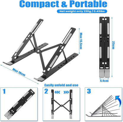 Premium Portable Aluminum Laptop Stand for Desk, 7 Angles Adjustable Tilt, Heavy-Duty Laptop Riser, Foldable, Slim & Lightweight Travel-Friendly Stand for Desk & Workstation, Black