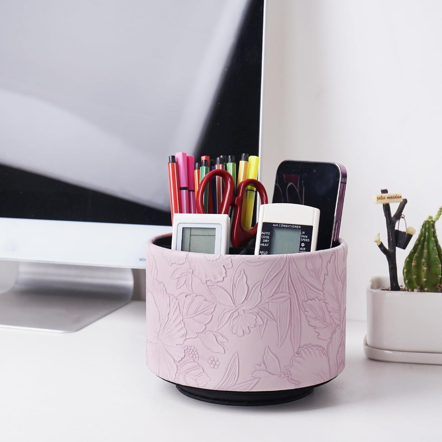 Hennaja Round Leather Art Supply Organizer,Remote Control Holder,360 Degree Rotating,Multi-Functional Pencil Holder,4 Compartments Desktop Stationary Organizer(1-Blue Bird) - Colors A