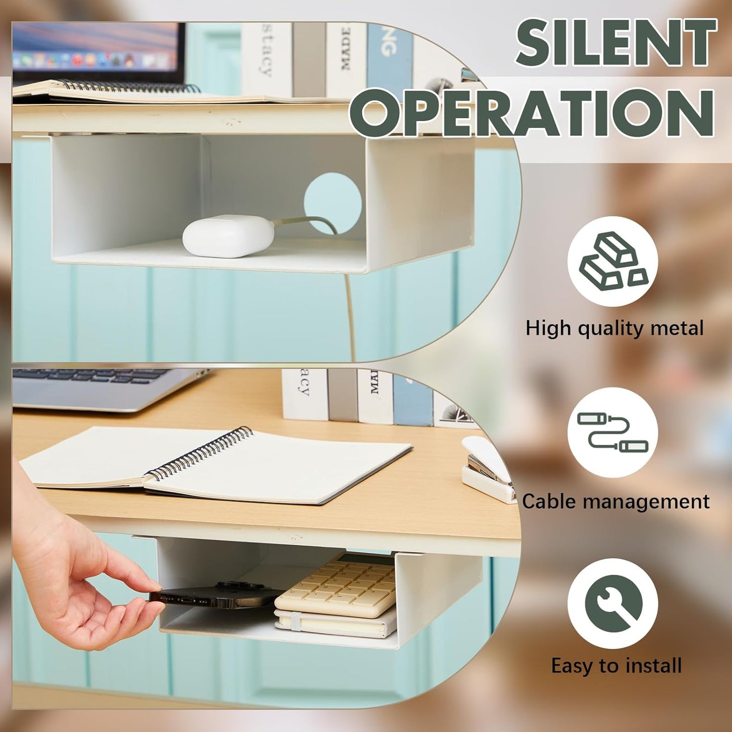 Yaocom 2 Pack Under Desk Hanging Shelf, Carbon Steel Storage Tray with Mute Felt Sheets, Mount Shelves Organizer for Office Home Workstation Gaming Desk Stand up(13x8x2.8 in/Storage Shelf,Black)
