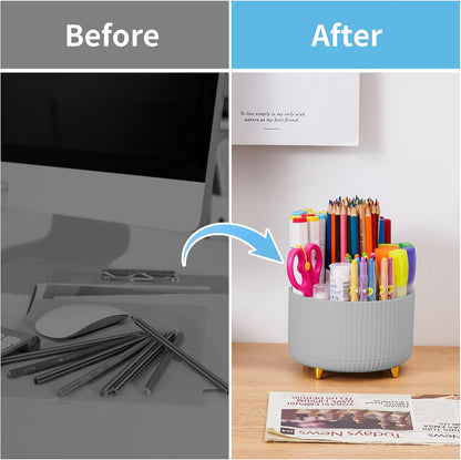Marbrasse Desk Organizer, 360-Degree Rotating Pen Holder, Desk Organizers and Accessories with 5 Compartments Pencil Holder, Art Supply Storage Box Caddy for Office, Home（White）