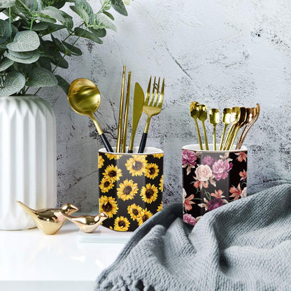 WAVEYU Ceramic Pen Holder for Desk Cute, Pencil Cup Pot Desk Organizer, Makeup Brush Holder for Women, Men, Kids, Desk Marble Decor for Office, Classroom, Home, Gray Golden