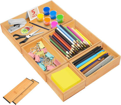 Bamboo Drawer Organizer with 2 Dividers, 5PCS Adjustable Junk Desk Organizer Trays with 7 Grid , Wood Stackable Storage Boxes Bins for Kitchen Flatware, Office Desktop, Bathroom Makeup, Jewelry