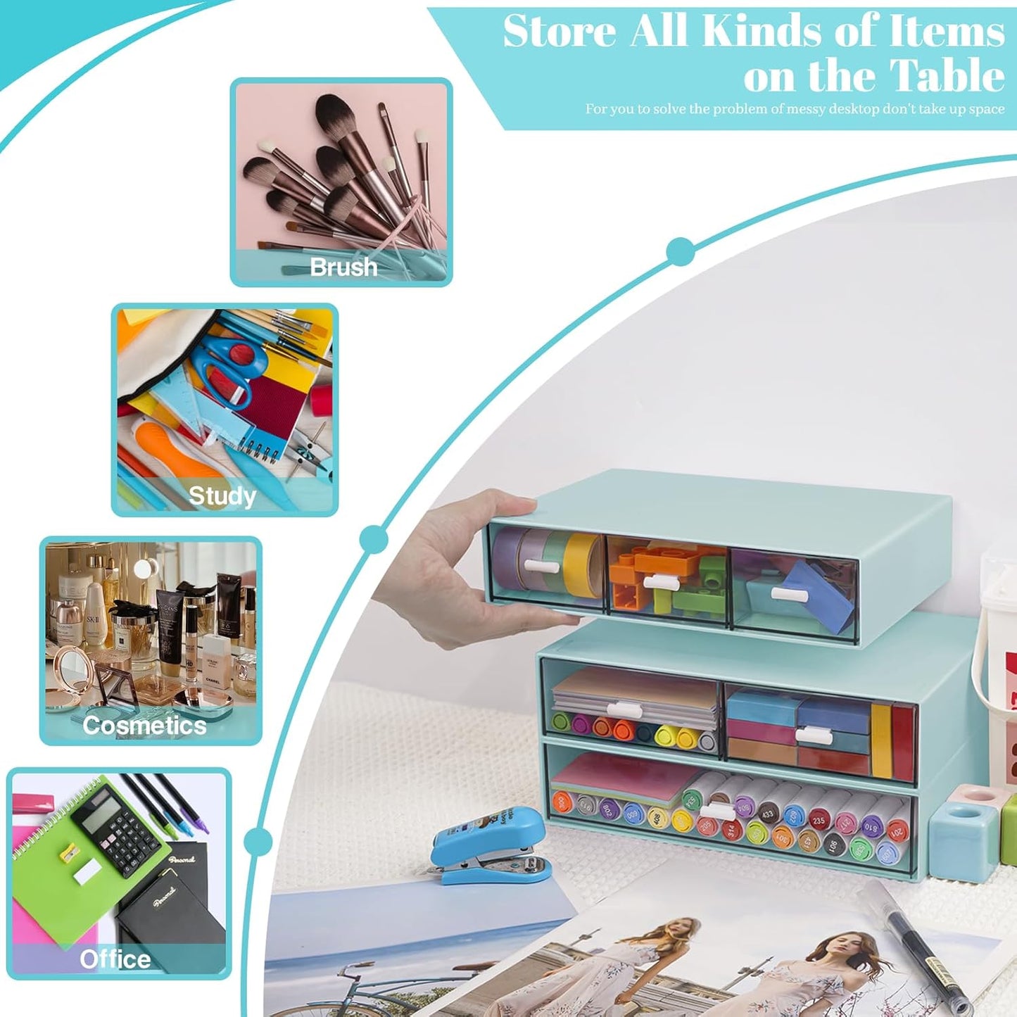 3 Tier Stackable Desk Organizer with 6 Drawers, YOCOMEY Plastic Desktop Storage Box Drawers, Detachable Makeup Storage Office Stationery Supplies Organizer for Office School(Clear)