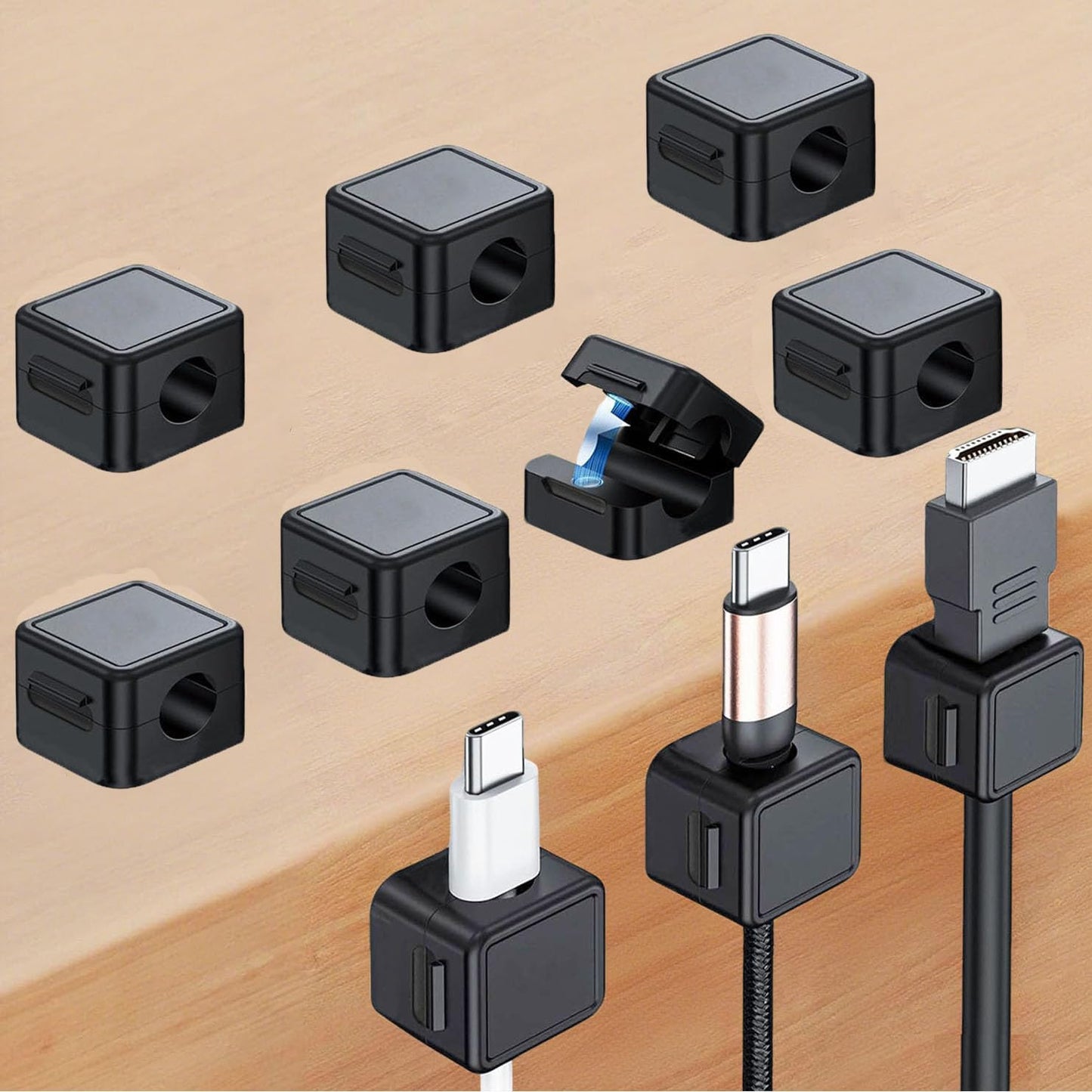 10 Pack Cord Organizer, Magnetic Cable Management, Cord Holder for Desk, Adhesive Cable Clips Wire Keeper for Nightstand, Home, Office, Desktop, Car, Wall (Black)