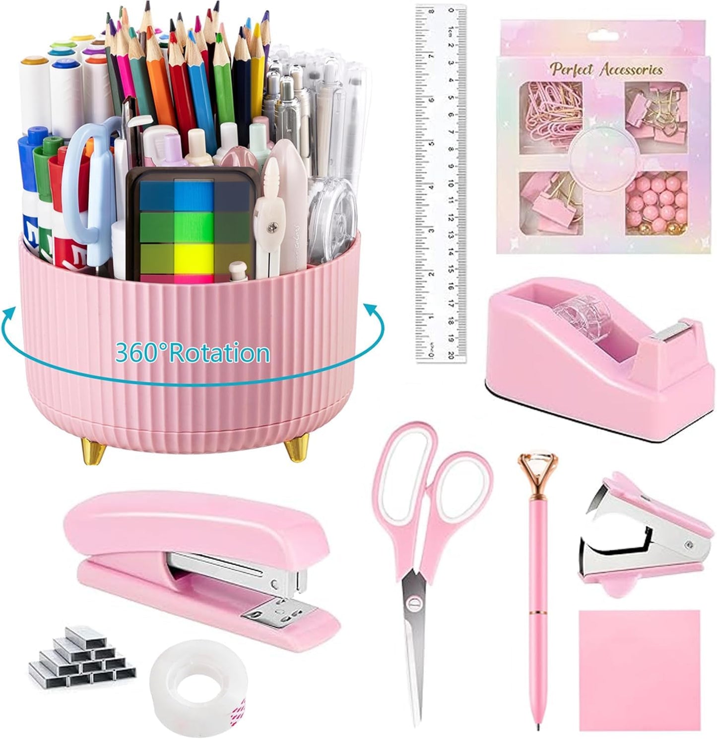 suniya Office Supplies,Gold Desk Accessories,with Stapler,Tape Dispenser,Pen Holder,Scissors,Phone Stand,Staple Remover,Ballpoint Pen,Clear Tape, Staples,Ruler,Clips,Best Gift for Business or Boss