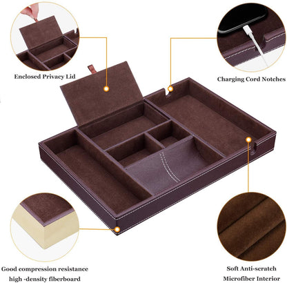 Baoyun Mens Nightstand Organizer, Leather Valet Tray for Men, EDC Catchall Tray with Phone Charging Station, Dresser Top Organizer, 6 Compartments Entryway Valet Box for Wallet, Keys, Phone