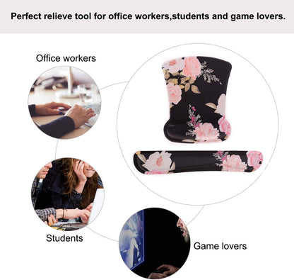 MOSISO Wrist Rest Support for Mouse Pad & Keyboard Set, Peony Ergonomic Mousepad Non-Slip Base Home/Office Pain Relief & Easy Typing Cushion with Neoprene Cloth & Raised Memory Foam, Black