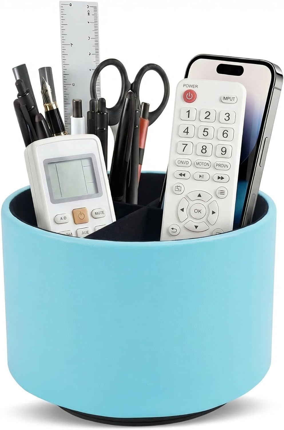 Hennaja Round Leather Art Supply Organizer,Remote Control Holder,360 Degree Rotating,Multi-Functional Pencil Holder,4 Compartments Desktop Stationary Organizer(1-Blue Bird) - Colors C