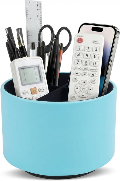 Hennaja Round Leather Art Supply Organizer,Remote Control Holder,360 Degree Rotating,Multi-Functional Pencil Holder,4 Compartments Desktop Stationary Organizer(1-Blue Bird) - Colors C