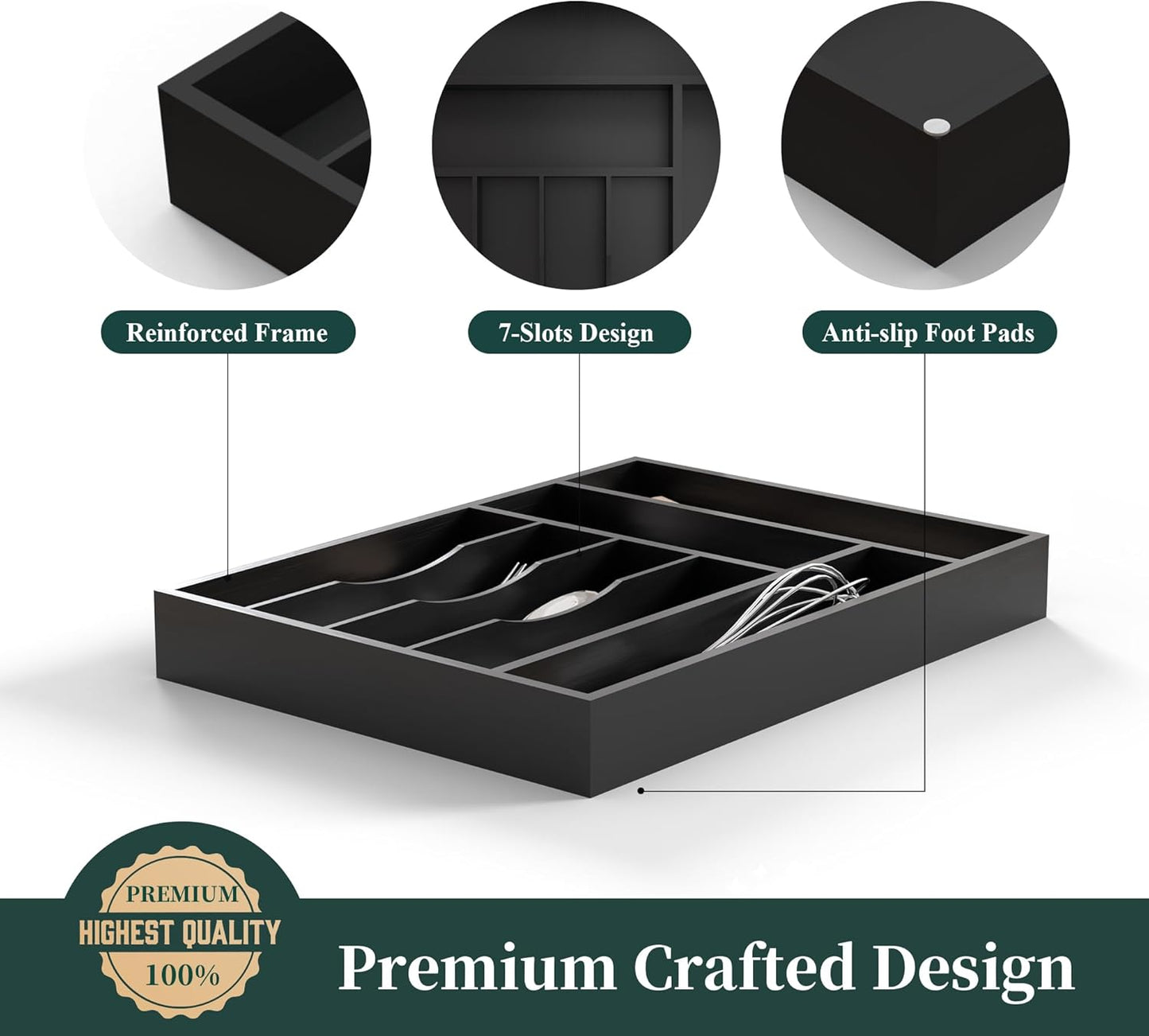 Small Silverware Organizer, Bamboo Kitchen Drawer Organizer, Utensil Holder, Cutlery Tray & Spoon Flatware Storage with Grooved Drawer Dividers (6.7''W x 12''D)
