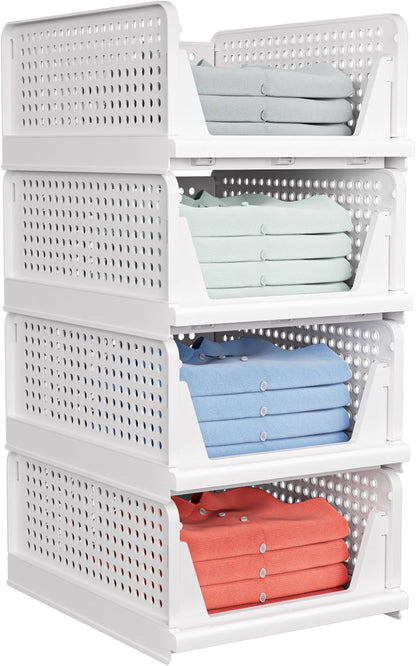 5 Pack Stackable Closet Storage Basket - Stackable Storage Bins, Multifunctional & Foldable Closet Organizer Waterproof, Wardrobe Cupboard Space-Saving Hat Storage Drawer Organizer, White