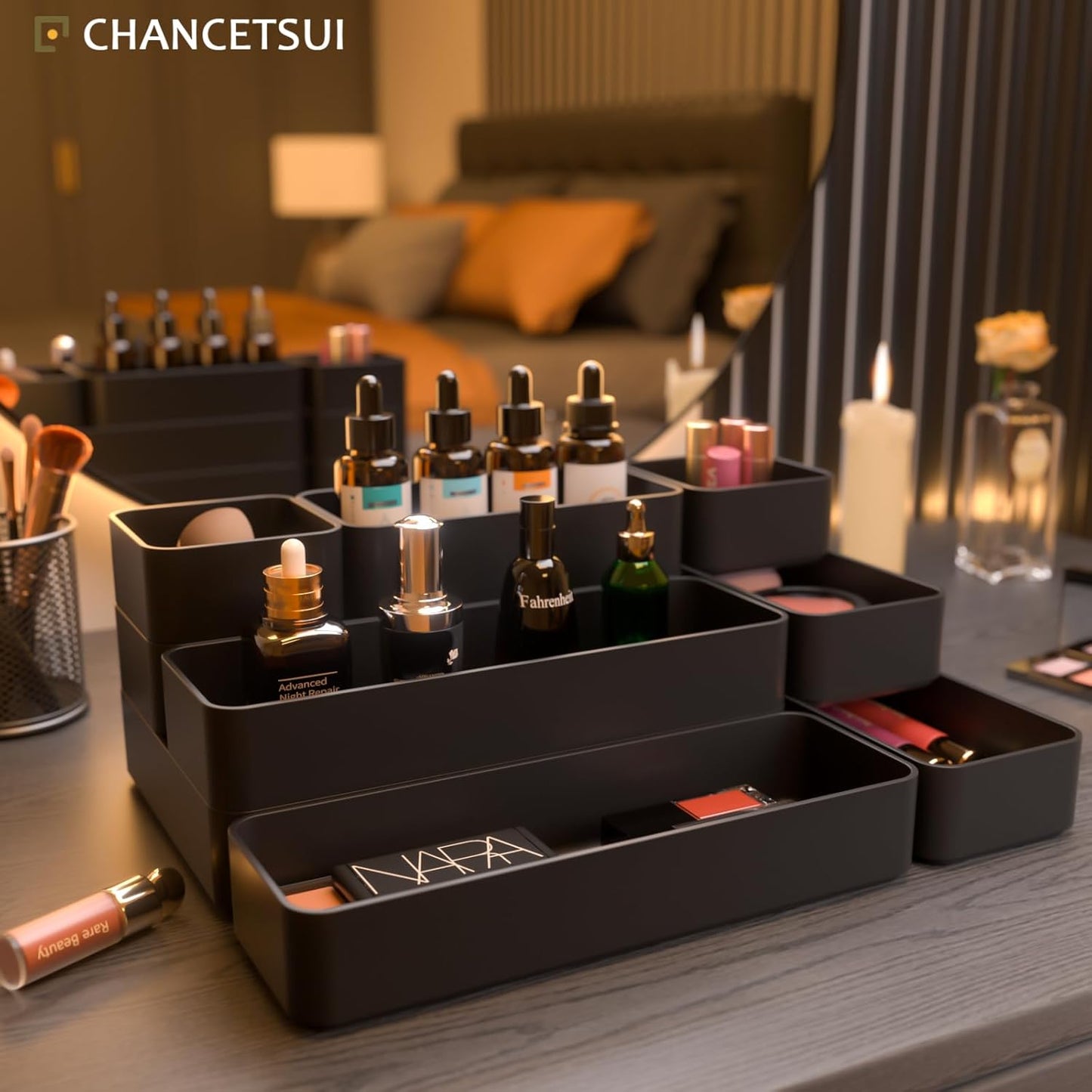 CHANCETSUI 9 Pcs Stackable Drawer Organizer Trays Set, Green, Multifunctional Storage for Vanity, Bathroom, Kitchen, Desk Drawer Organizer Office, PET Plastic