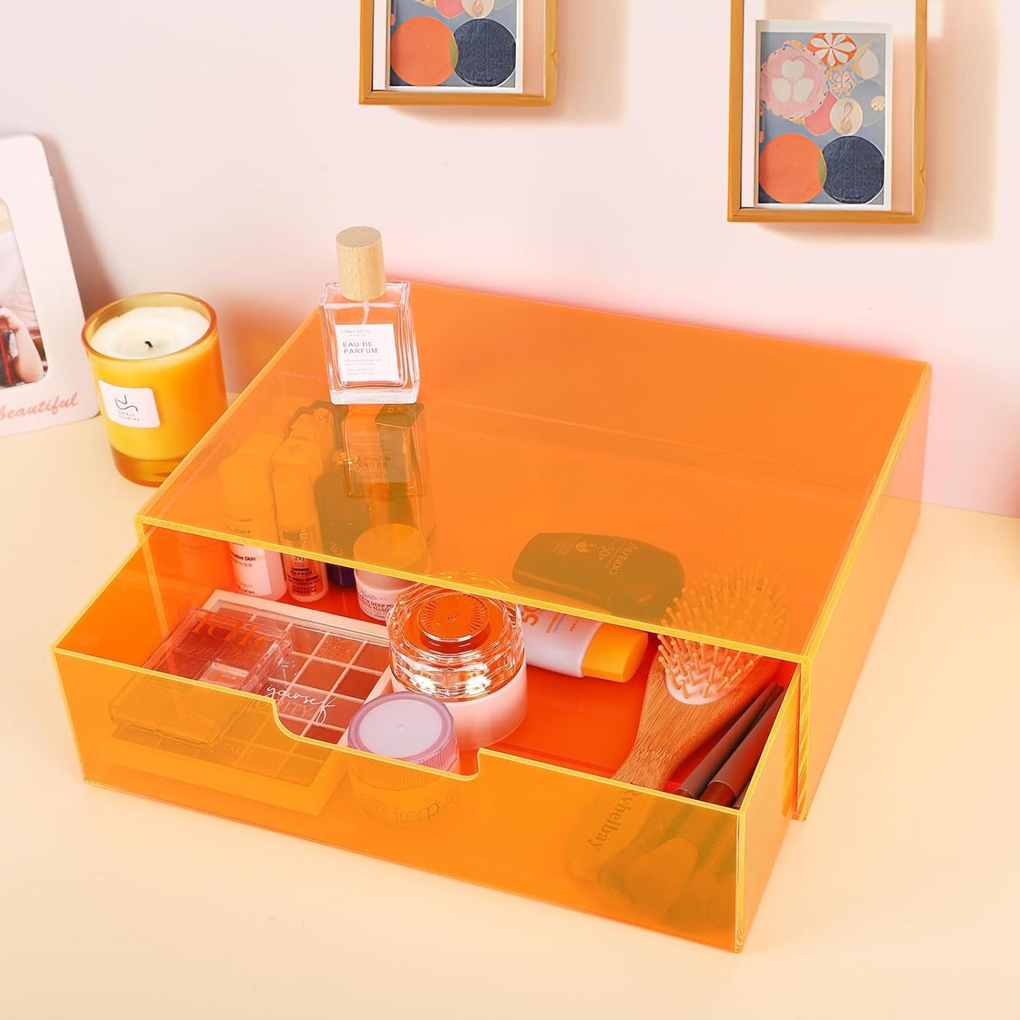 Gelite Acrylic Desk Organizer with Drawer for Makeup Vanity Stackable Desktop Storage Box for Office Supplies, 13.8 x 9.8 x 3.9’’, Neon Green
