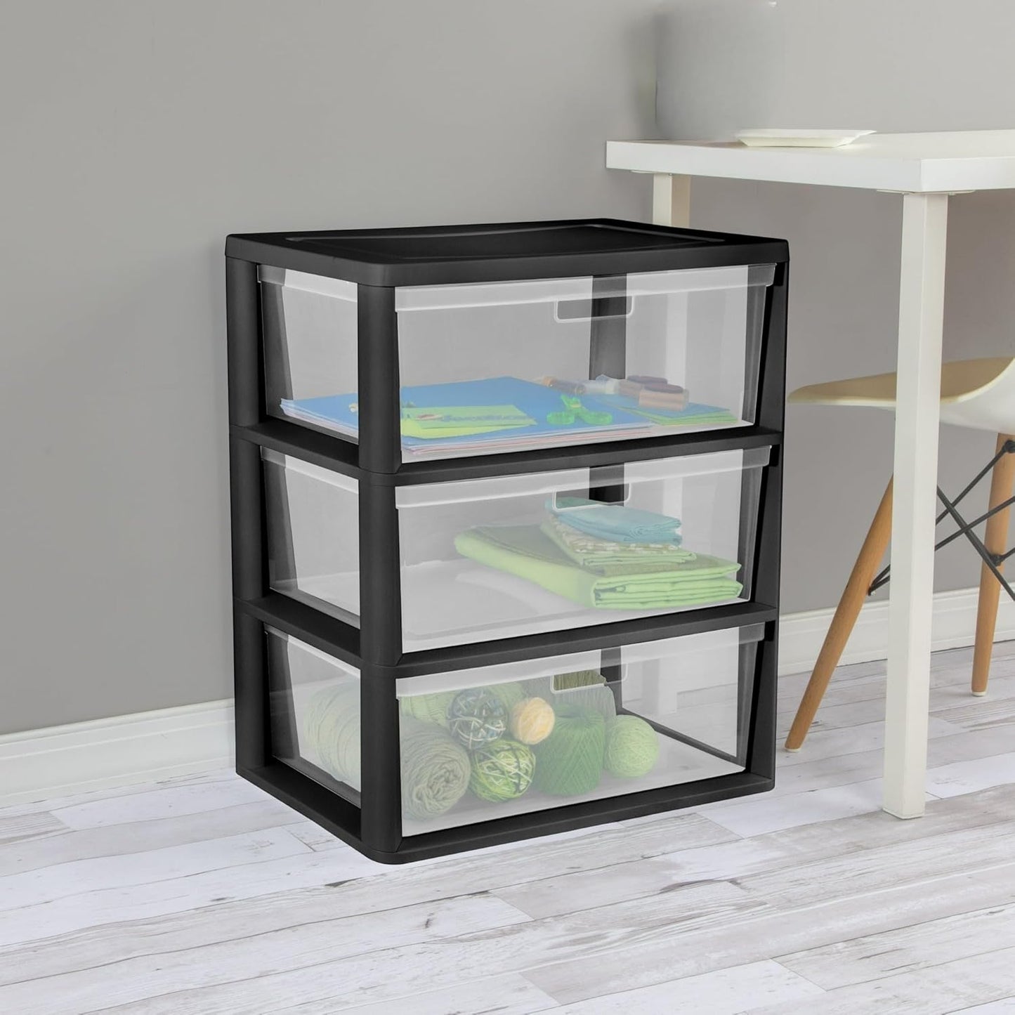 3-Drawer Storage Tower with Removable Clear Plastic Bins, Tool-Free Assembly, Multiple Sizes for Home Office (15.7"W)