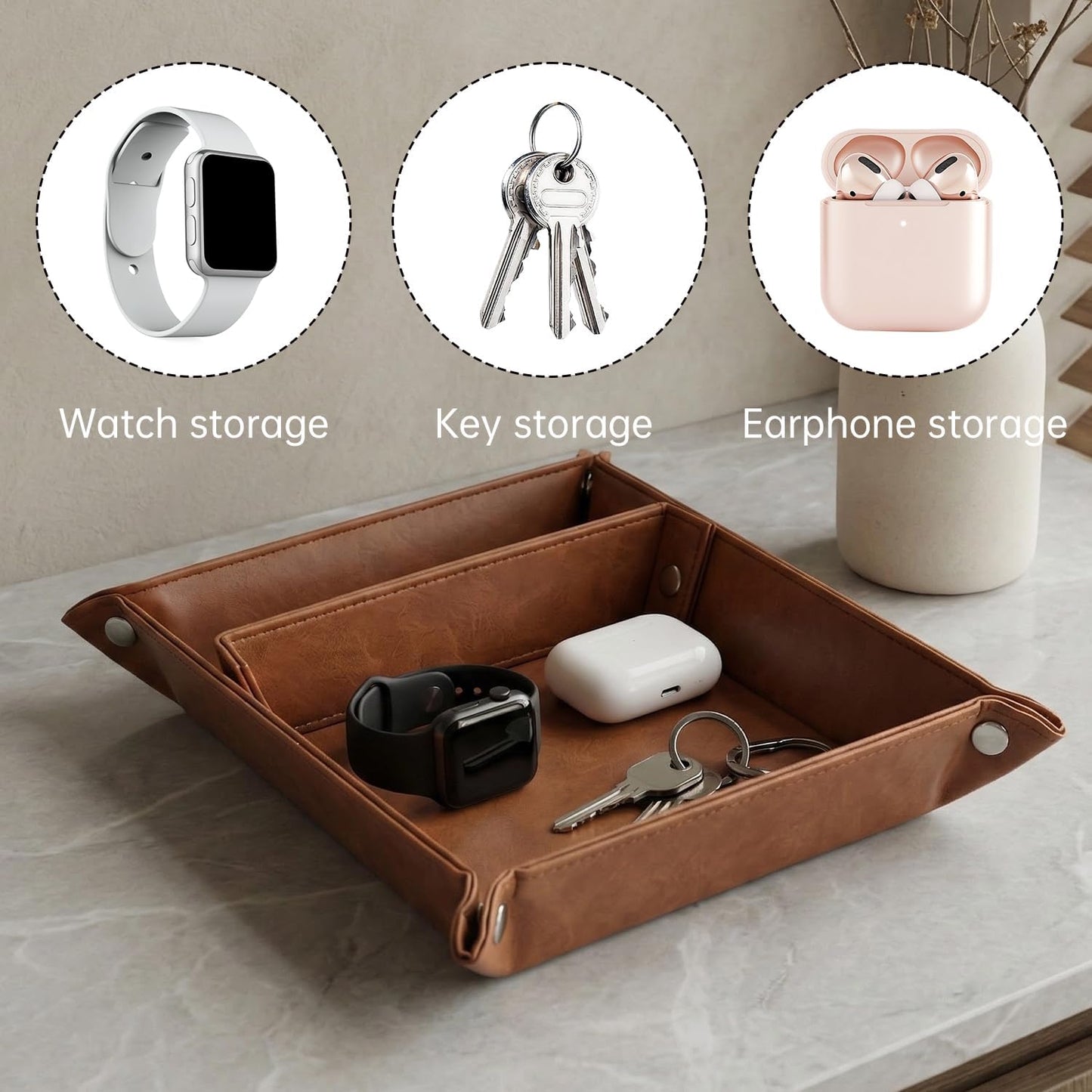 Multi-functional storage tray - suitable for jewelry, wallets, watches, keys, coins, mobile phones, glasses - very suitable as a storage tray for bedside tables, desks and doorways.