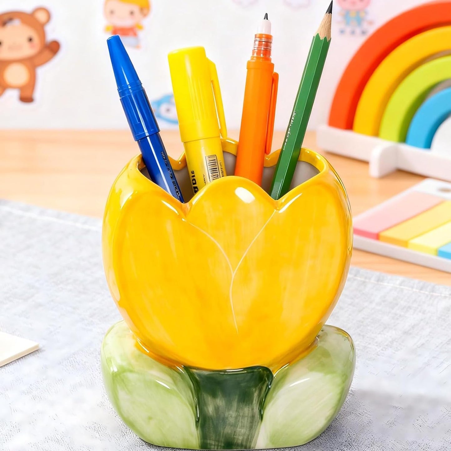 Pen Holder for Desk Cute Toothbrush Holder Tulips Vase Decor Aesthetic Pencil Holder for Office Makeup Brush Holder Yellow Kawaii Desk Accessories Home Decor Birthday Gifts for Women