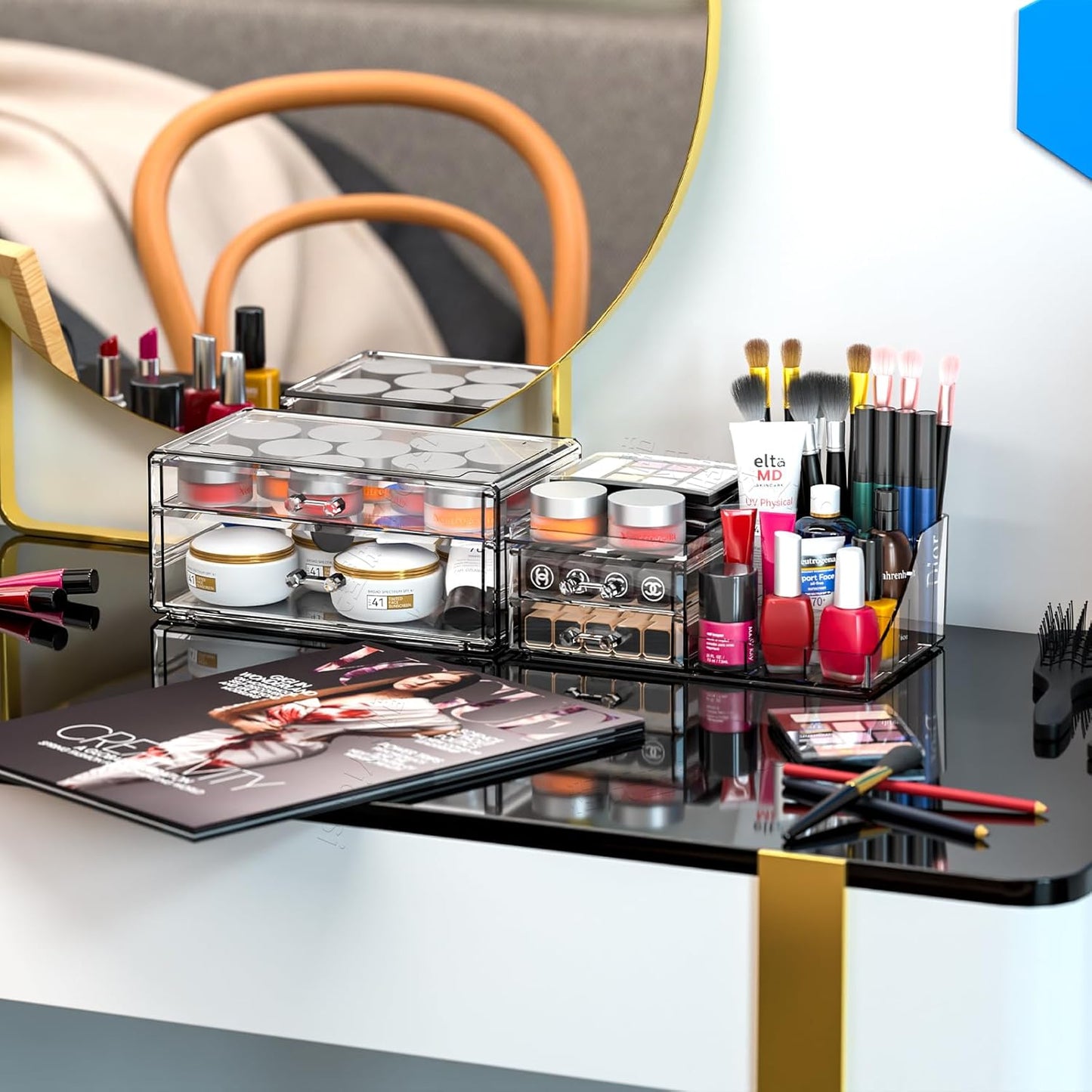Acrylic Clear Makeup Organizer Countertop,Stackable Skincare Organizer for Vanity With 8 Drawers,Large Plastic Desk Accessories Organization,Bathroom Cosmetic Organizer Countertop for Beauty,Skin Care